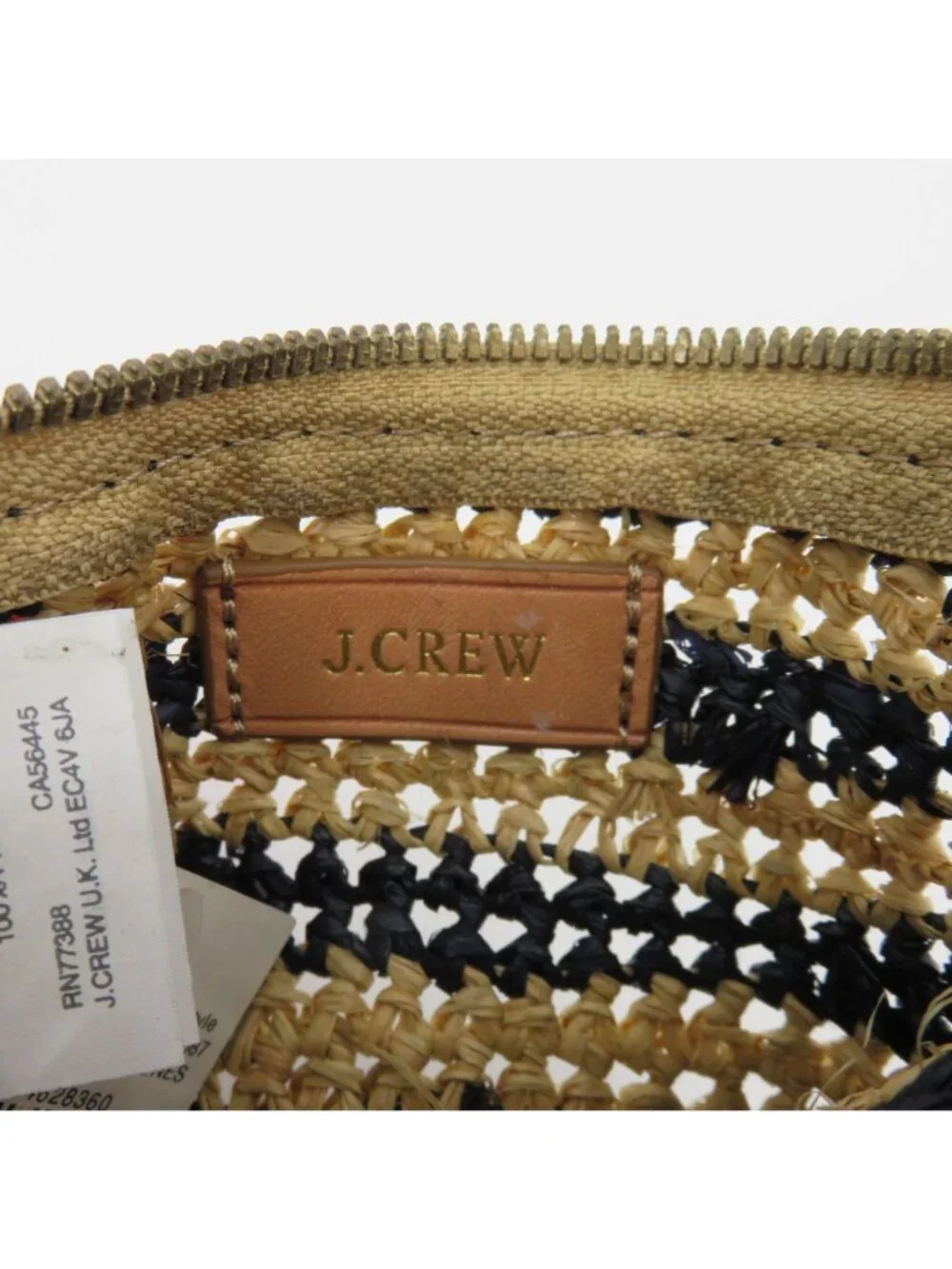 J Crew Tan Blue Straw Loose Woven Zippered Coin Purse Wallet Pom Pom Pull NEW